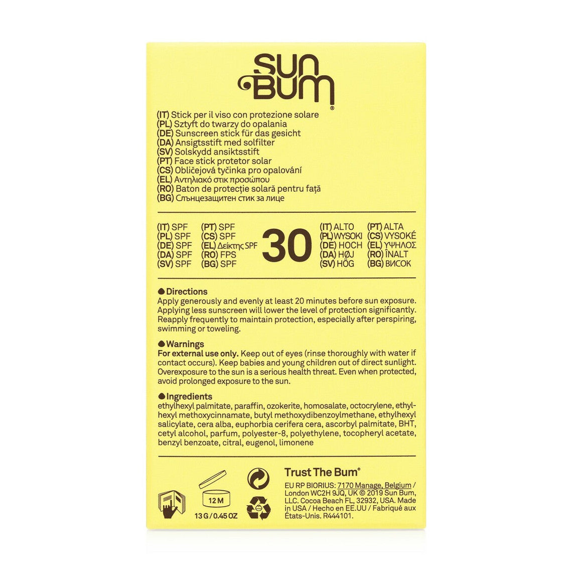  Sun Bum Stick Solaire Visage Résistant A L'eau Spf 30 - Original